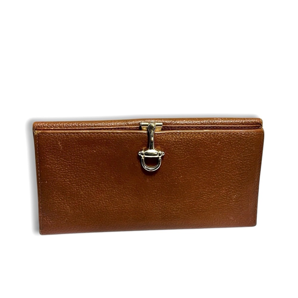 Vintage St Thomas Cowhide Leather Clutch Wallet Brown Gold Horsebit Clasp